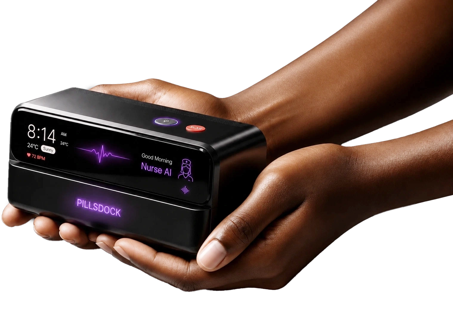 PillsDock smart medication organizer being gently passed into an older adult’s hands