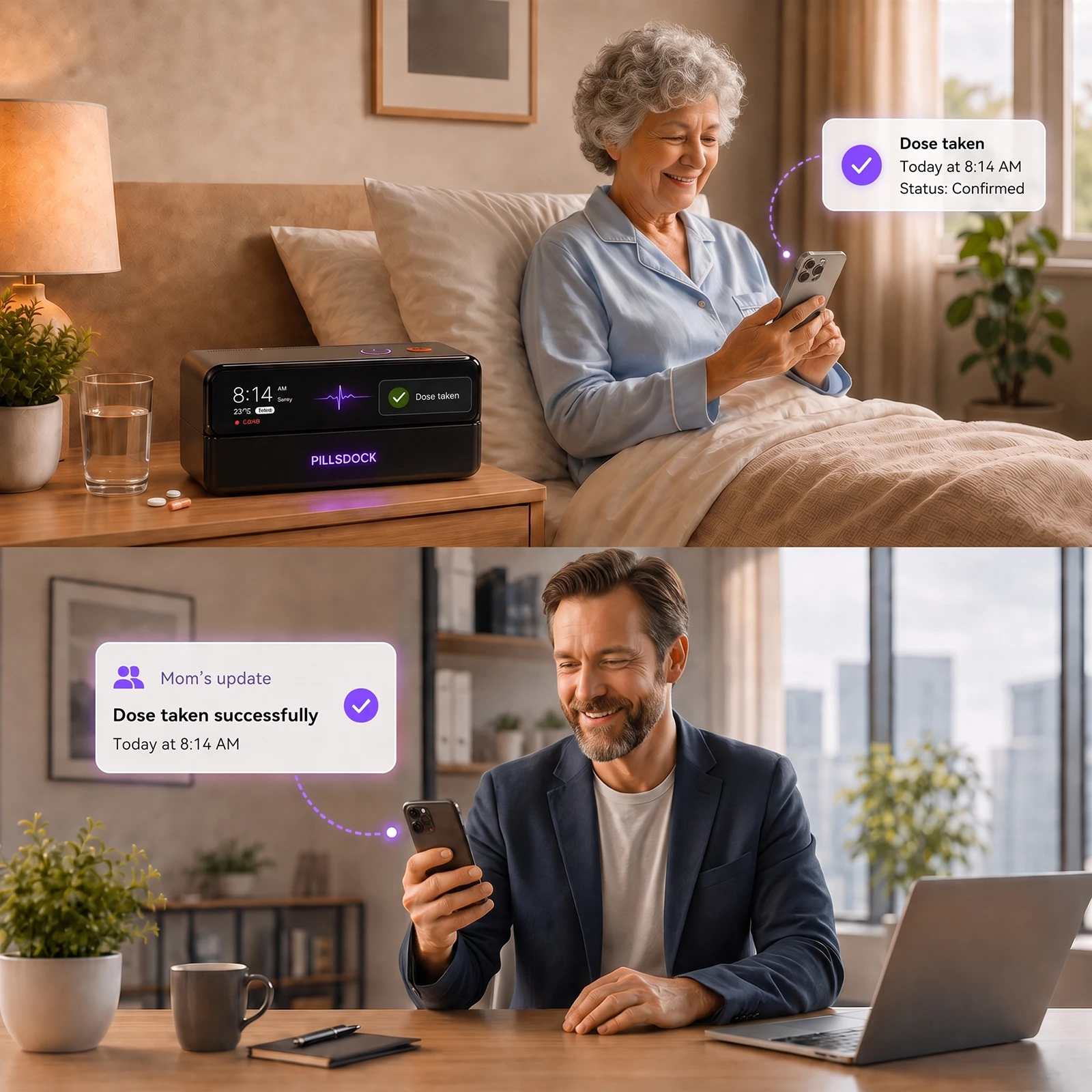 Older adult using PillsDock while a family caregiver receives a medication update in the companion app