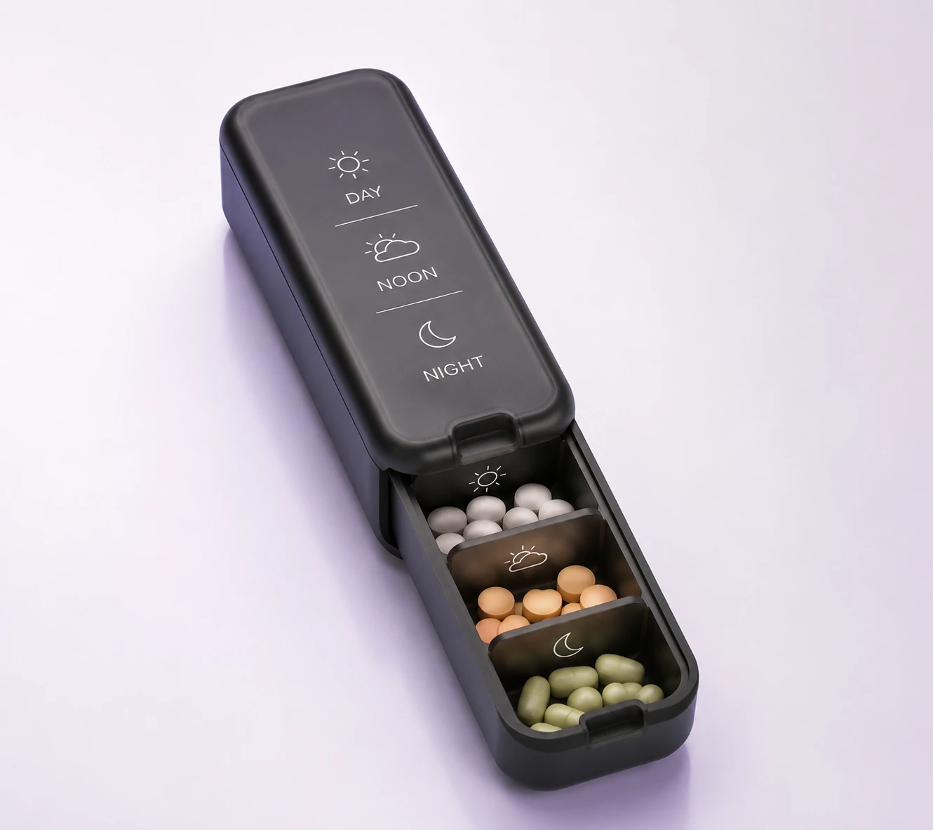 Removable PillsDock daily medication pod divided into morning, noon and night compartments