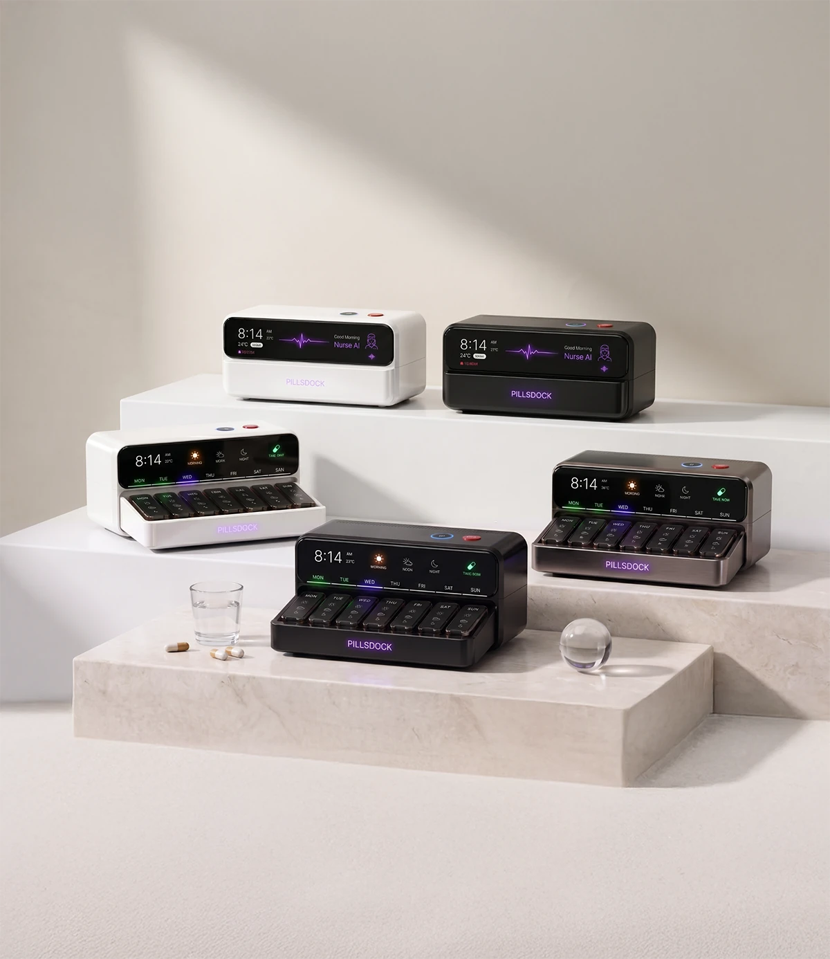PillsDock smart medication organizer displayed on a premium bedside surface