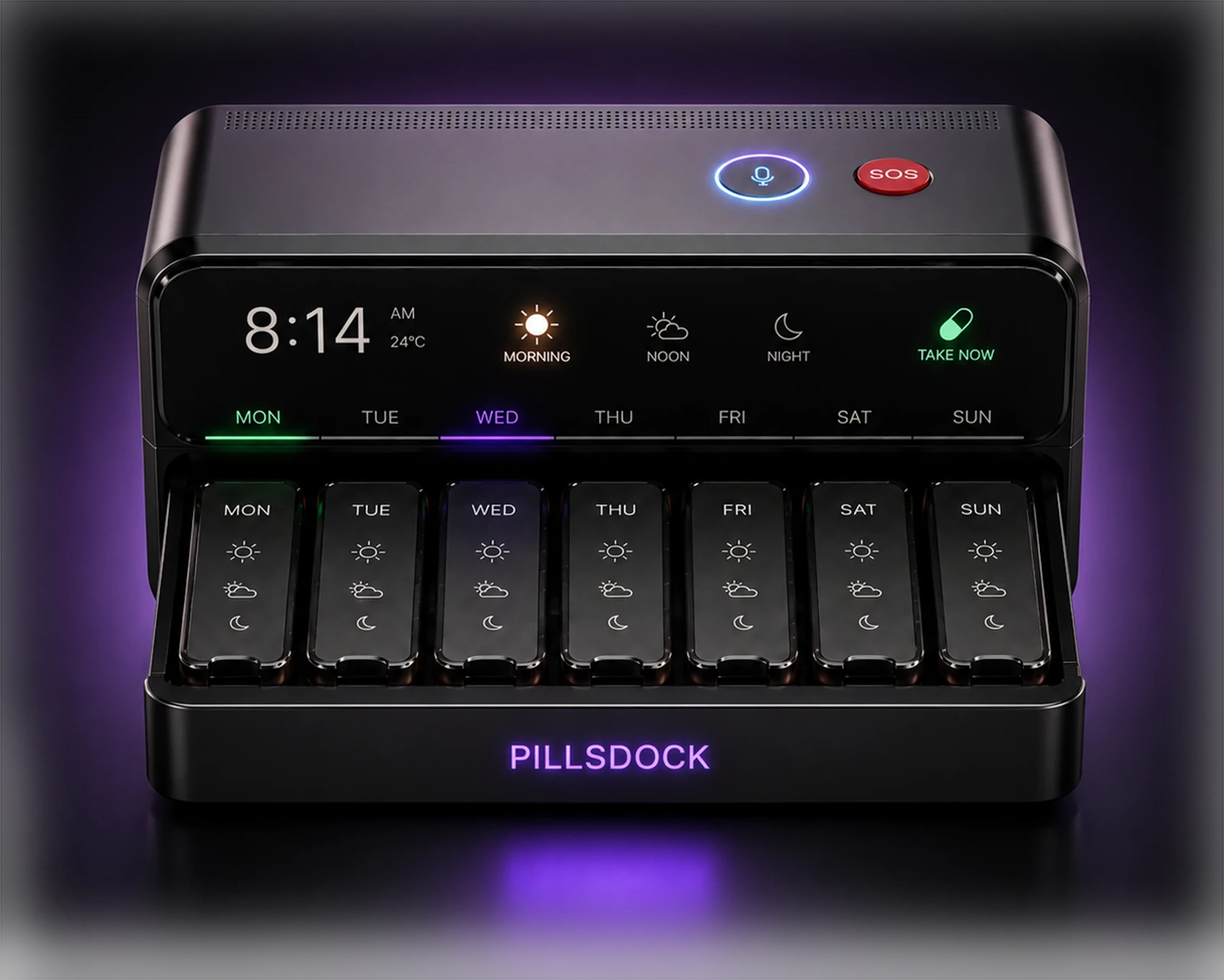 PillsDock open to show seven removable daily medication pods arranged for a weekly routine