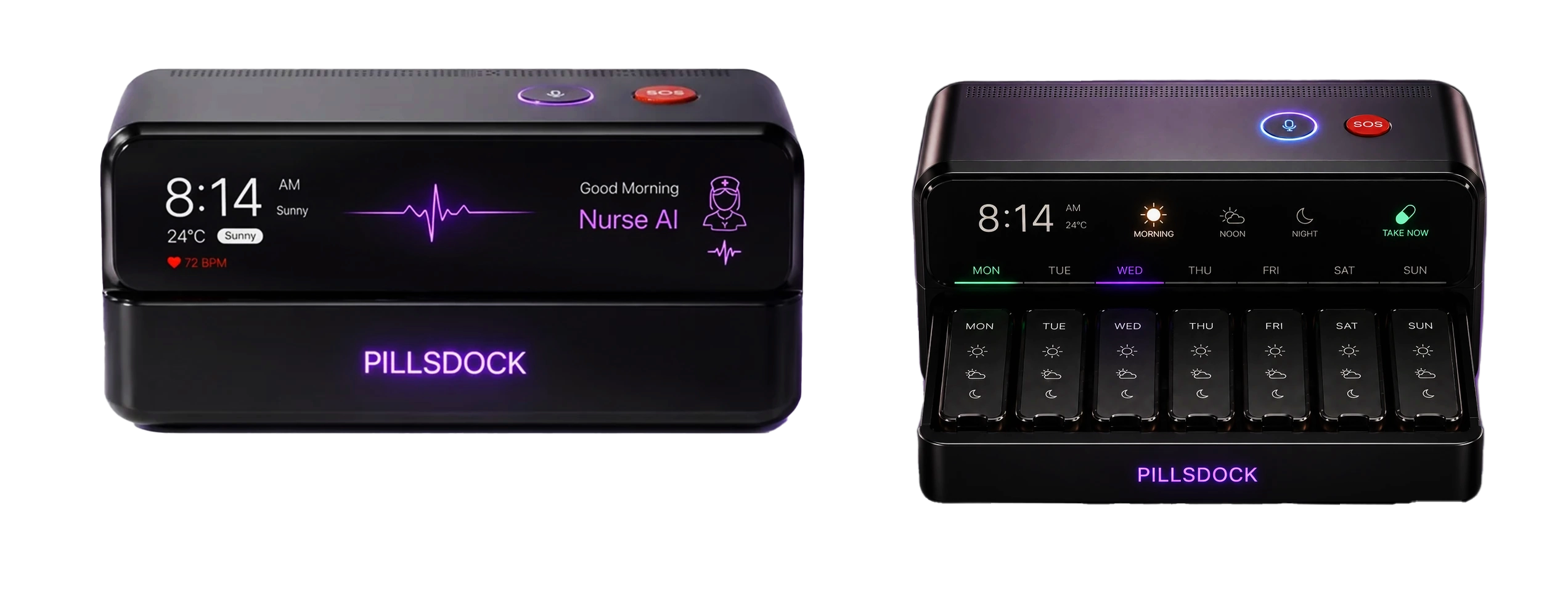 PillsDock smart medication organizer shown closed and open with its weekly pod tray